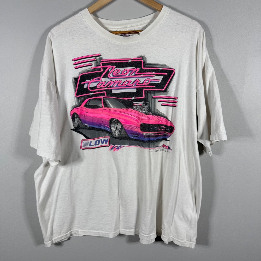 Andy's Tee Shirts Vintage Neon Camaro Graphic T-Shirt White XXL